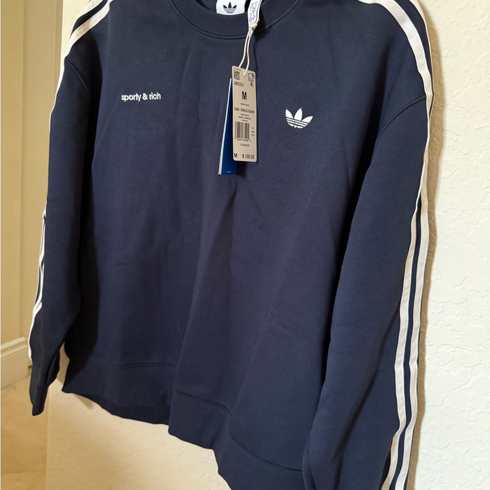 Adidas x Sporty &. Rich Women's Navy Crewneck Sweater with White Stripes